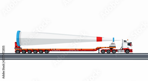 Heavy Duty Truck Transporting Giant Wind Turbine Blade on Low Loader Trailer. Flat Vector Illustration of Renewable Energy Logistics and Green Technology Infrastructure.