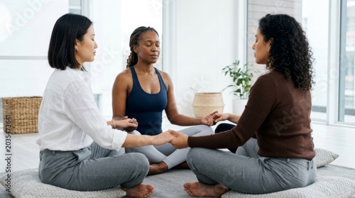 Three young women sit on a carpet and meditate. Photo.