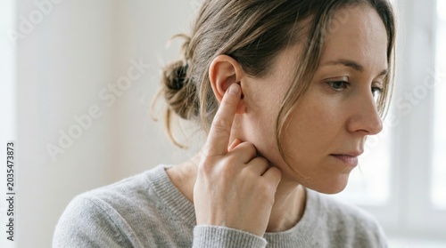 A young, sad woman presses her hand to her ear, suffering from pain. Earache, otitis. Photo.