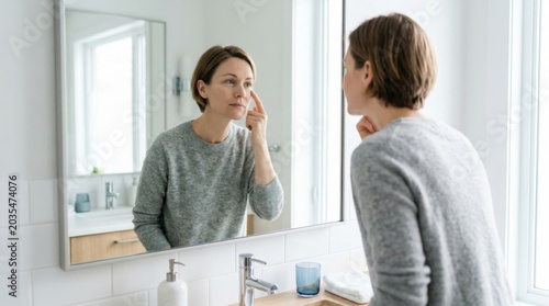 A young woman looks at her reflection in the mirror, her eyes. Eye disease. Photo.