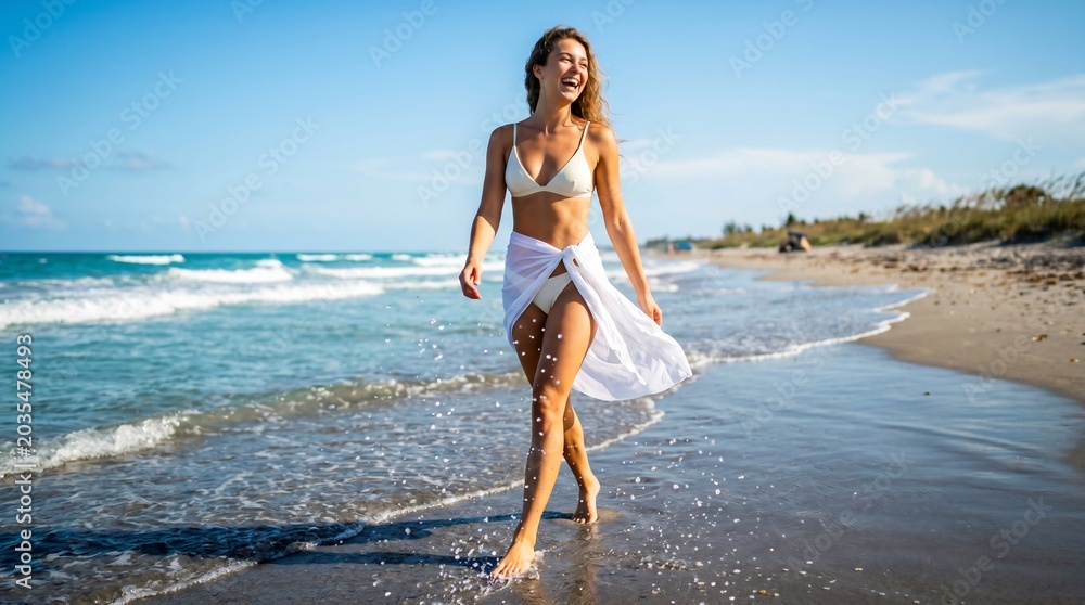 Naklejka premium Happy young woman in white bikini walking on sunny beach, splashing ocean water, joyful summer vacation lifestyle, tropical travel destination, radiant smile, swimwear fashion.