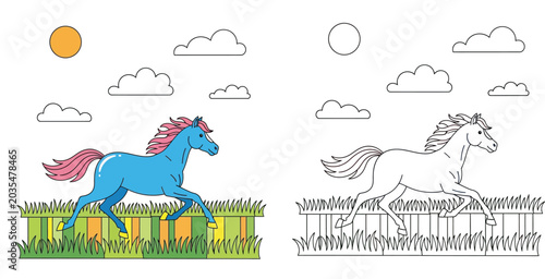 Foto Cute cartoon galloping horse in a field