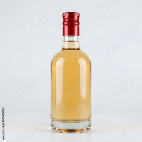 Clear glass bottle with red cap filled with golden liquid, studio shot