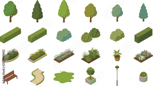 3D Isometric Park Landscape Kit, Urban Park Tree and Elements Flat Vector Collection Set, Trees, Pathways, Street Lamps, Outdoor Furniture
