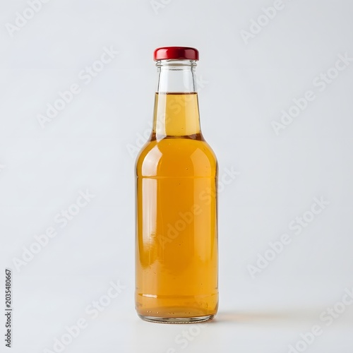 Glass bottle of golden apple cider with a red cap on a plain white background