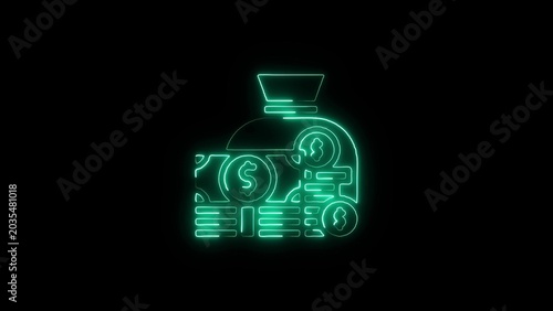 Foto Neon green money bag with coins and bills on black background, illustrating fina