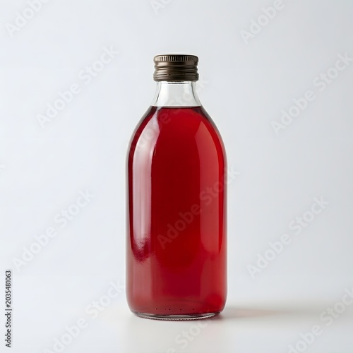 A clear glass bottle filled with a vibrant red liquid, sealed with a metallic cap