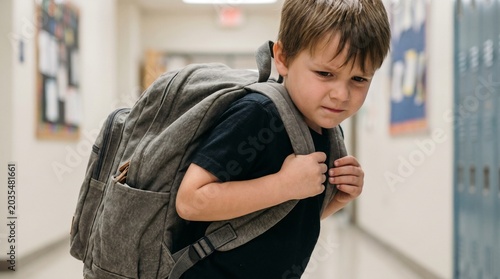 Young boy with a backpack looking down, showing a sad and worried expression in a school hallway. Feeling of anxiety, emotional distress, and childhood problems.