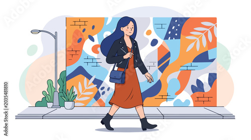 A young woman with a backpack walks past a colorful street art mural on a city sidewalk.
