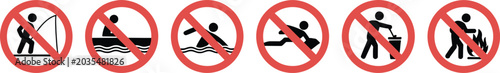 Foto No swimming, no fishing no fire sign vector, red prohibition icons for public safety and rule enforcement design
