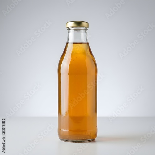 Glass bottle filled with golden amber liquid, likely apple cider or juice