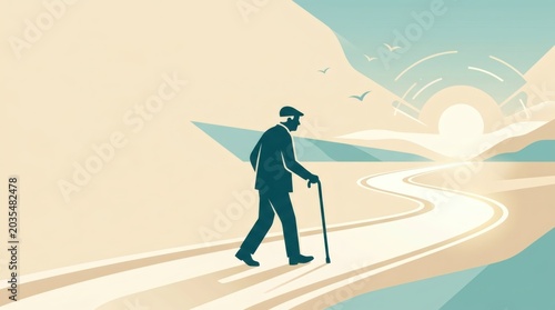 Old man walking with cane at sunset. Senior person strolling on winding path toward horizon. Conceptual illustration of aging, retirement, journey of life and hope for future.
