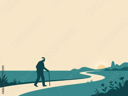 Senior man walking with cane on path in nature. Silhouette of elderly person strolls along road at sunset. Retirement, long life journey and peaceful aging concept illustration.