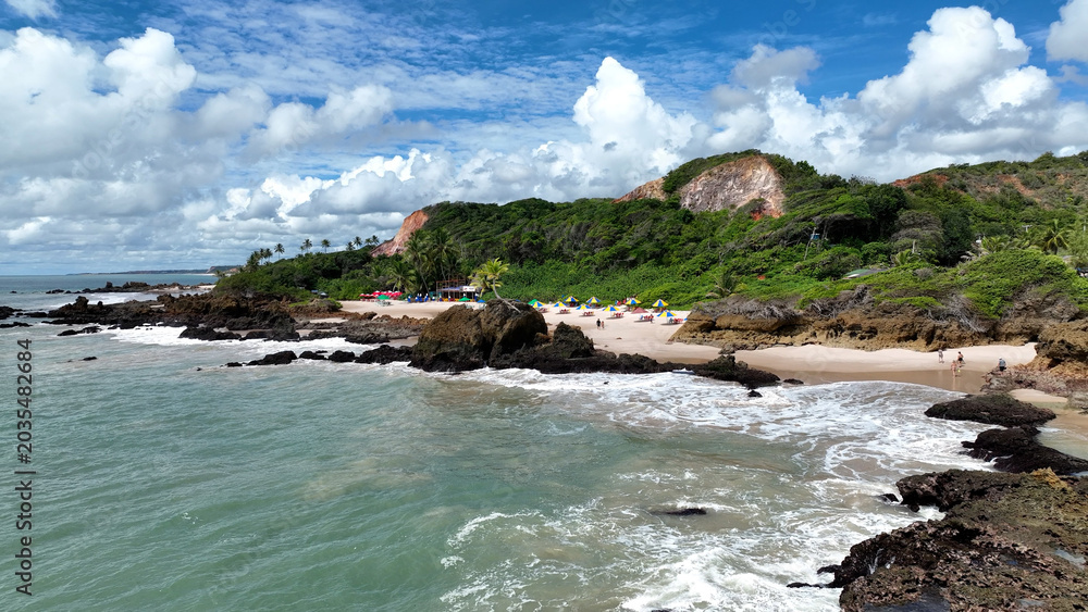 Fototapeta premium Tambaba Beach In Conde Paraiba Brazil. Bird Eye View Of A Amazing Coastal Beach In The Summer Holiday. Shore Horizon Beach Sea. Outdoors Beach Panorama. Conde Paraiba.