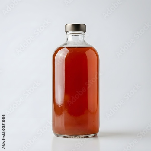 Clear glass bottle filled with amber-colored liquid and metal cap on a white background