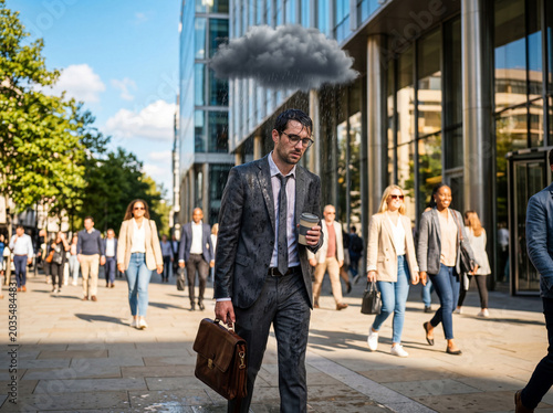 Sad Businessman Walking Under Personal Rain Cloud in Modern City Street
