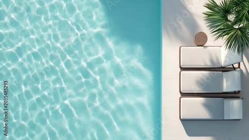 Relaxing poolside scene with two empty loungers and sunlit clear blue water