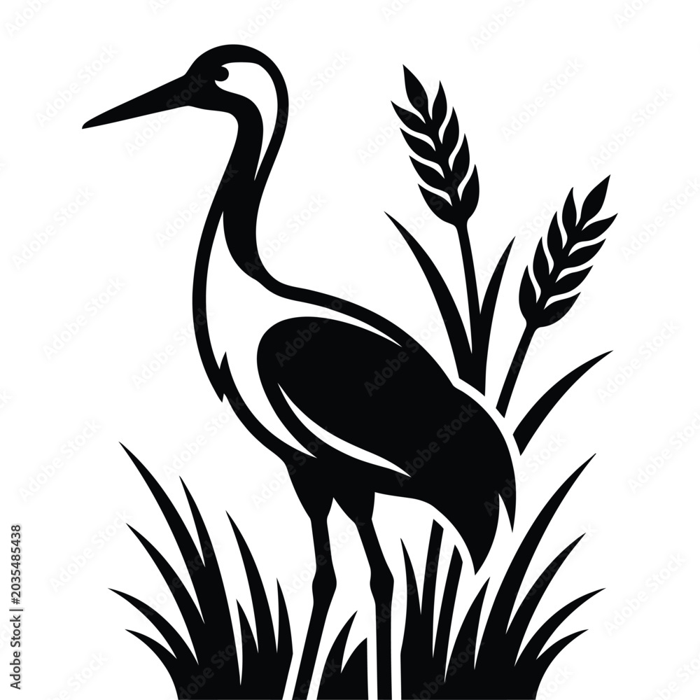 Fototapeta premium Crane bird with reeds and grass isolated on transparent background vector graphic.