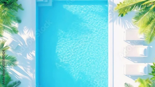Modern aerial view of luxurious swimming pool surrounded by bright green palm trees