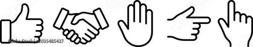 Hand gesture icons set including thumbs up, handshake, stop, and pointing vector.