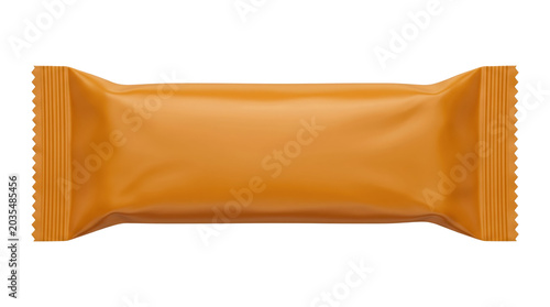 Blank orange snack bar wrapper glossy food packaging. Isolated on transparent background, png