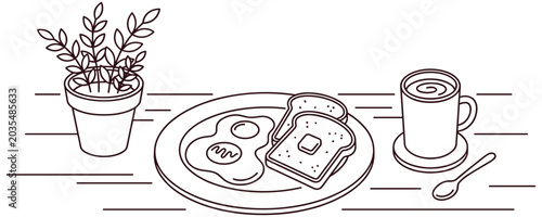 Bild auf Leinwand Breakfast table setting with eggs toast and coffee cup line art style