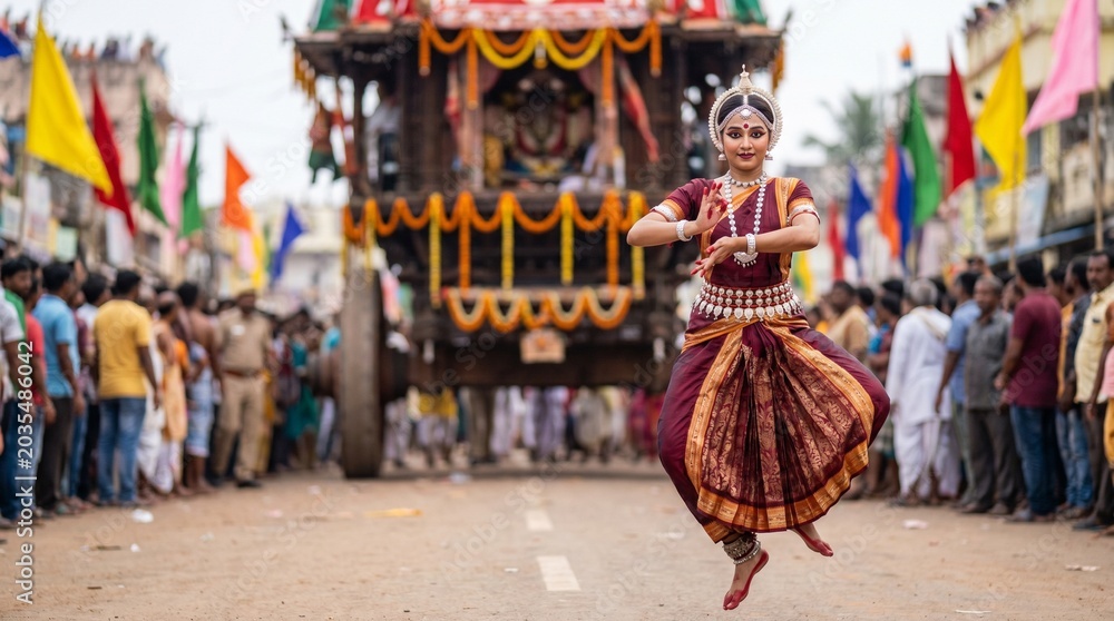 Obraz premium Classical Odissi Dancer Performing Gracefully in Front of the Moving Chariot During Rath Yatra Festival