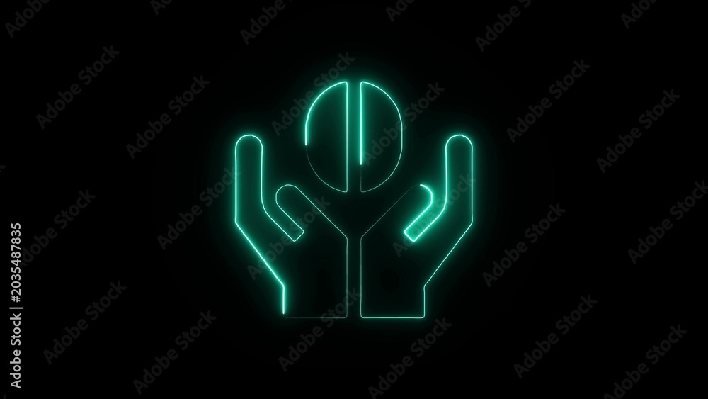 Obraz premium Vibrant teal neon hands gently holding a pill keywords: hands, holding, pill, teal, neon