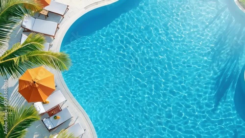 Aerial view of sunny poolside with lounge chairs and orange umbrella by clear blue swimming pool