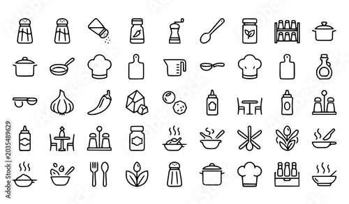 Salt and Pepper Shaker Thin Line Icon Set Kitchen Cooking Spice Vector
