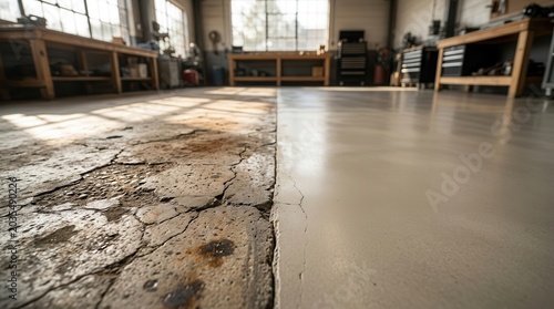 Professional concrete leveling and resurfacing process showing before and after results in a workshop.