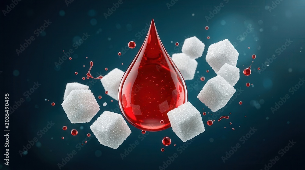 Fototapeta premium Blood sugar monitoring and diabetes management metaphor with sugar cubes and a red liquid drop.