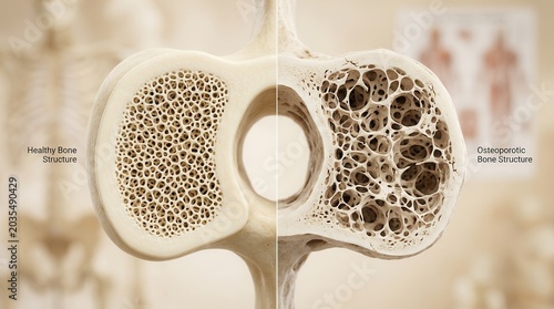 Visual representation of bone density showing healthy dense bone versus osteoporosis.