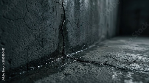 Close up of a cracked concrete foundation with water seepage and moisture damage.