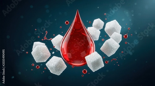 Blood sugar monitoring and diabetes management metaphor with sugar cubes and a red liquid drop.