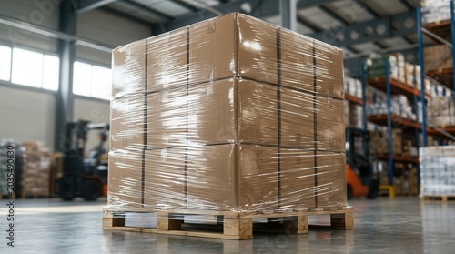 Industrial pallet wrapping with cardboard boxes and clear stretch film for safe logistics and transport.