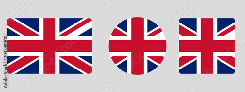 UK flag set. Set of flags in different shapes rectangle, circle, square vector