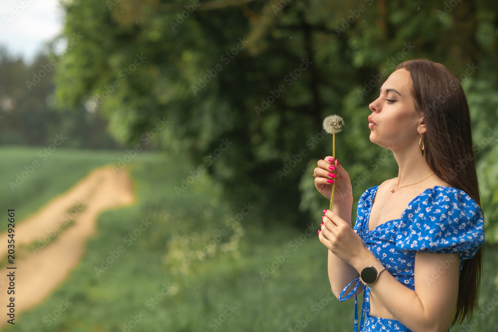 Fototapeta premium Young woman with long brown hair in blue floral dress blowing dandelion seeds in a green field, soft focus background with pathway and trees visible