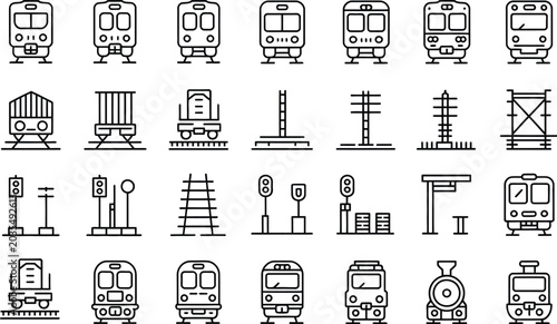 Foto Railroad line, icon set vector, commuter train metro tram monorail rail cars and railway station elements with editable stroke design