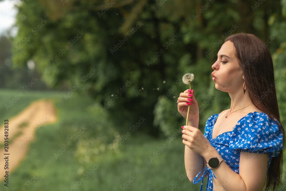 Fototapeta premium Young woman with long brown hair in blue floral dress blowing dandelion seeds in a green field, soft focus background with pathway and trees visible