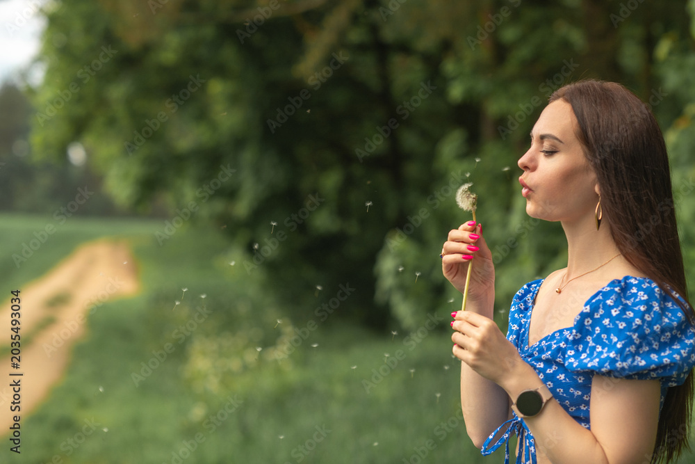 Fototapeta premium Young woman with long brown hair in blue floral dress blowing dandelion seeds in a green field, soft focus background with pathway and trees visible