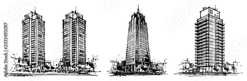 Skyscrapers and high rise office buildings set in hand drawn architectural sketch style
