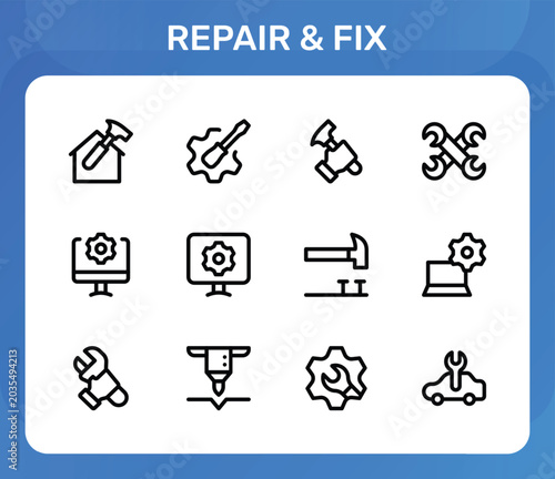 Repair and Fix icon set. Editable line icons. Professional and modern outline icon collection vector illustration highlighting repair kits and utility tools in a simple design.