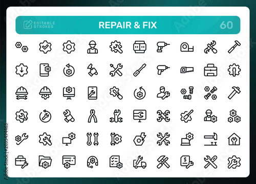 Repair and Fix icon set. Editable line icons. Professional and modern outline icon collection vector illustration with hammers, gears, and bolts in a clean design.