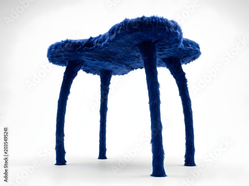 Abstract blue furry organic sculpture resembling an unusual multi-legged table or stool on a clean white background, showcasing unique art furniture