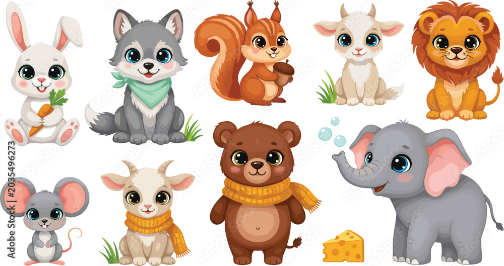 Obraz premium Cute woodland and safari animal cartoon vector illustration set featuring bunny wolf squirrel lion elephant bear and goat characters