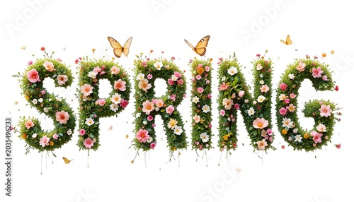 Spring Season Typography Artwork with Flowers Isolated on White
