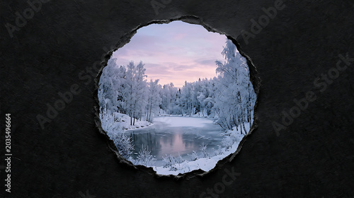 Snowy forest landscape through a hole in the wall