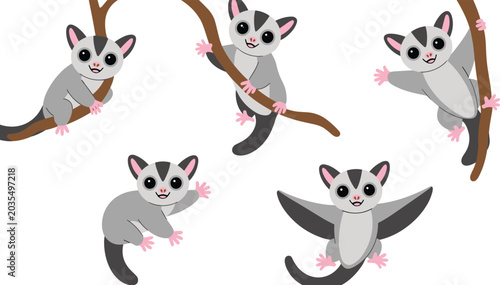 Bild auf Leinwand Cute sugar glider cartoon vector illustration set featuring adorable gliding pos