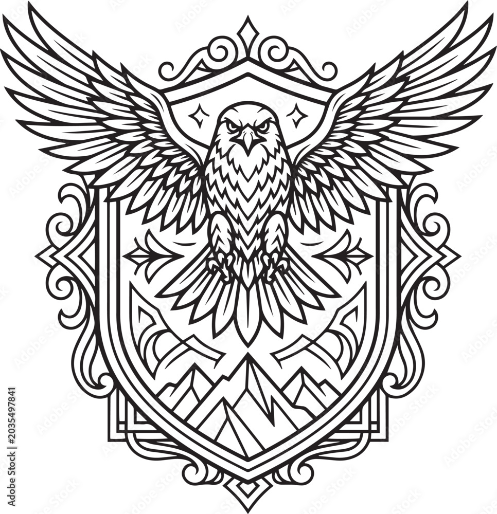 Fototapeta premium Majestic eagle with wings spread in decorative shield emblem vector